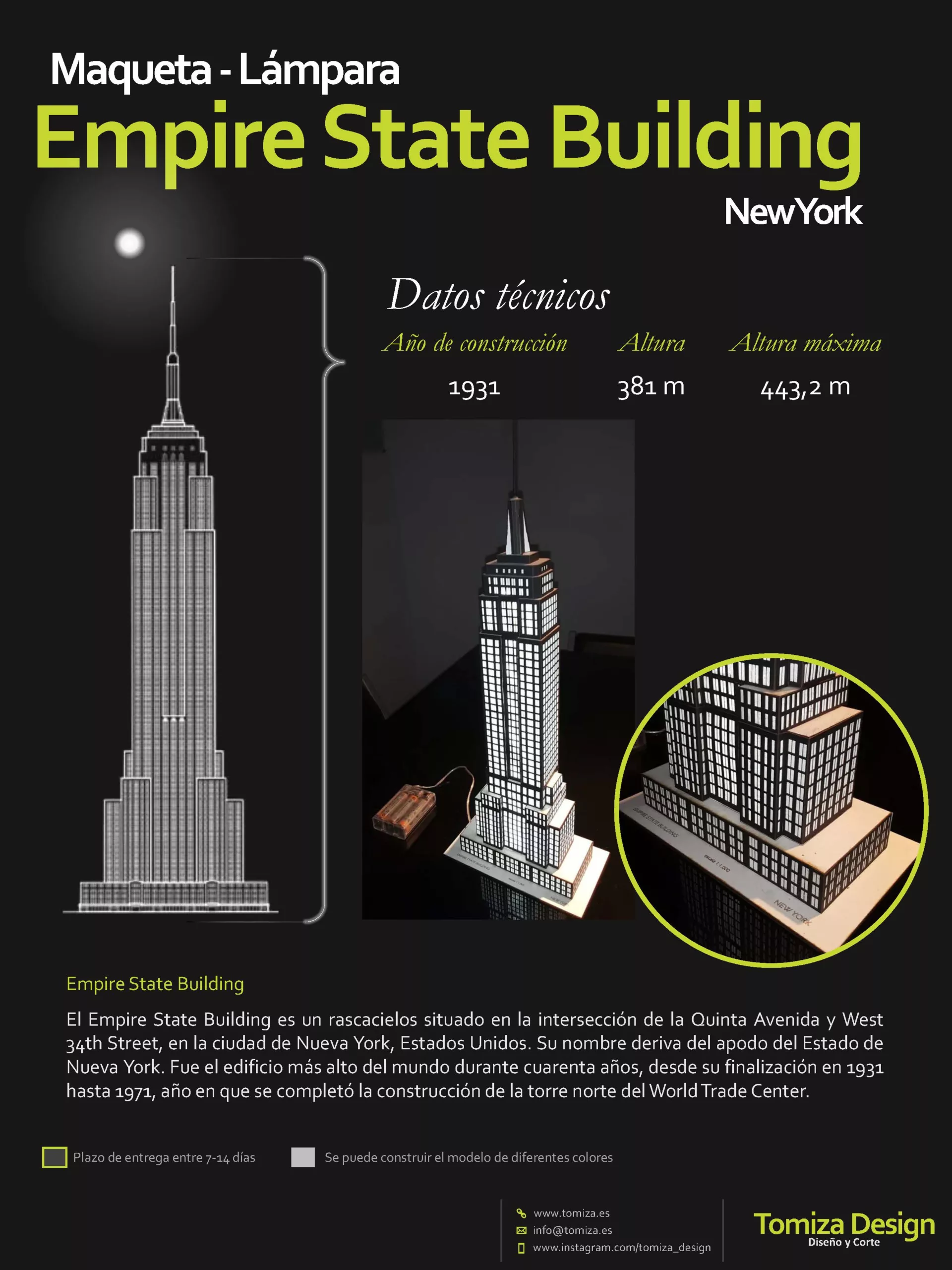 Maqueta - Lámpara - New York - Empire State Building - Datos Técnicos